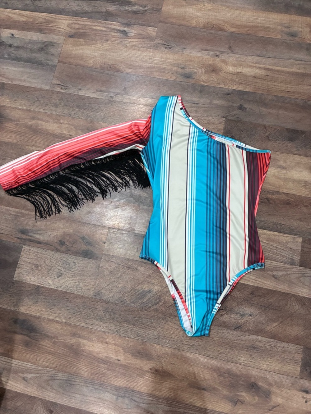 One-Shoulder Striped Bodysuit with Fringe Sleeve - Punch Serape
